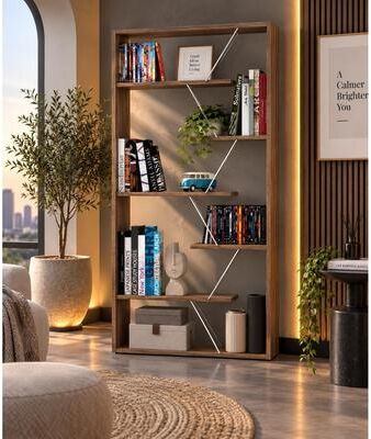 Furnia Modern Wood Bookcase with Open Shelves, Geometric Design Display Bookshelf for Living Room, Bedroom and Home Office