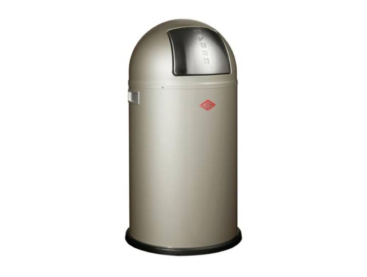 WESCO Pushboy Mülleimer in der Farbe neusilber, pulverbeschichtetes Stahlblech, 50 Liter Volumen, große Edelstahlklappe, herausnehmbarer Innenbehälter