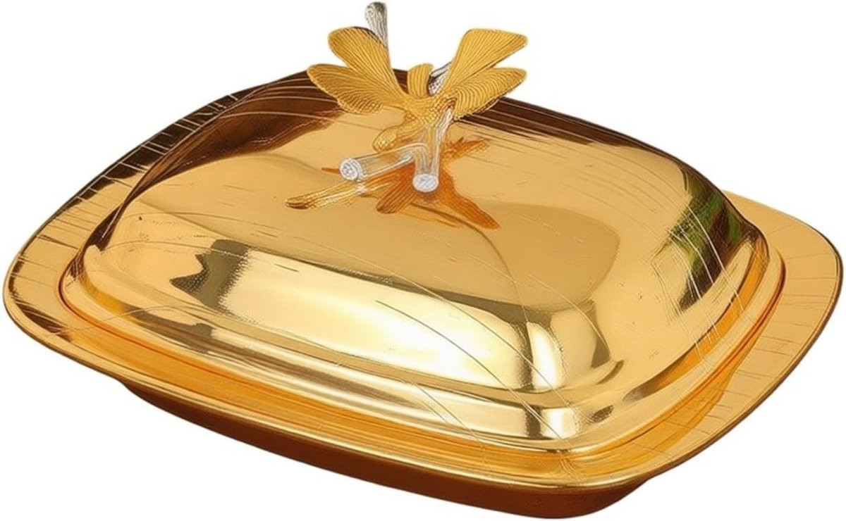 Elegante metalen botervloot met deksel en ginkgoblad decoratie - Goud - 18 x 13 cm