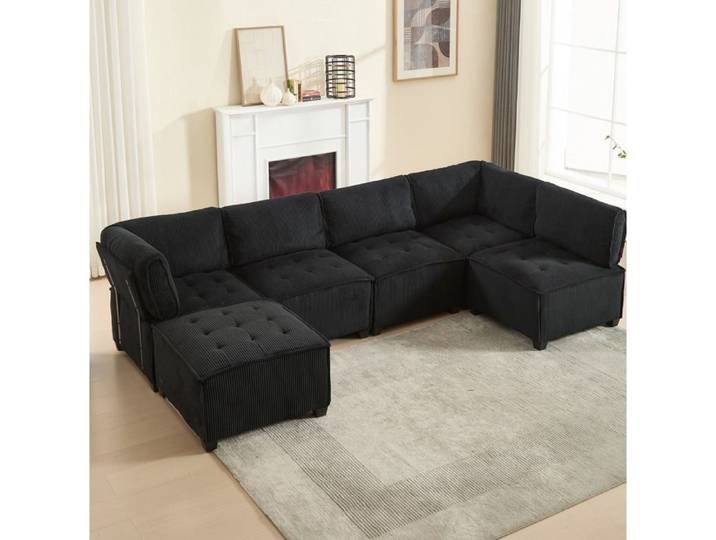COVREO Canapé modulable 6 places 308 cm en velours côtelé noir configuration U L ou canapé-lit