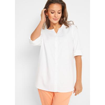 Langarmbluse BONPRIX "Bluse mit Leinen, 3/4 Arm", Damen, Gr. 50, weiß, Obermaterial: 55% Leinen, 45% Baumwolle, regular fit, Blusen, Regular Fit, für den Alltag, aus Leinen und Baumwolle