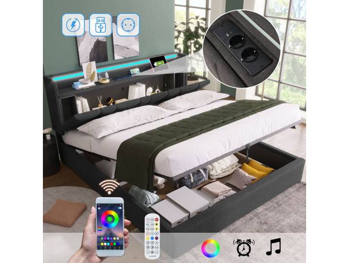 Lit double rembourré - Fonction de chargement USB - Tête de lit avec espace de rangement