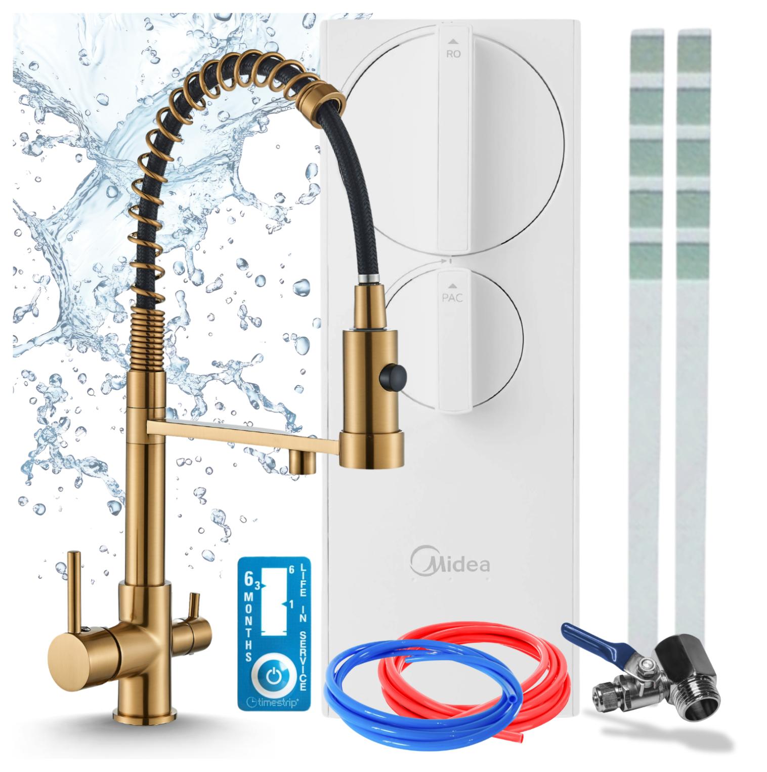 Küchenarmatur Mit Wasserfilter Ari Solid Spring, Ro5 400 Gpd, Tanklos, Messing, Keramikkartusche, Perlator, Zweigriffarmatur, Gebürstetes Gold