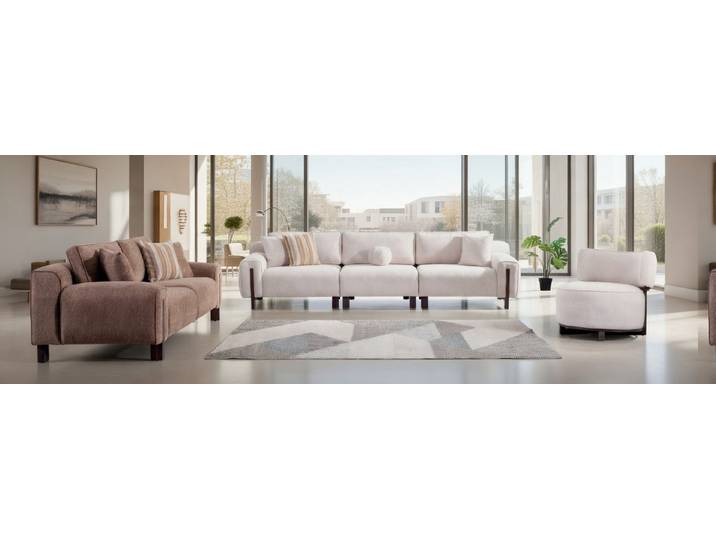 JVmoebel Wohnzimmer-Set Stylisches Sofa Set 4 Sitzer 3 Sitzer Sessel Weiß Braun, (3-St)