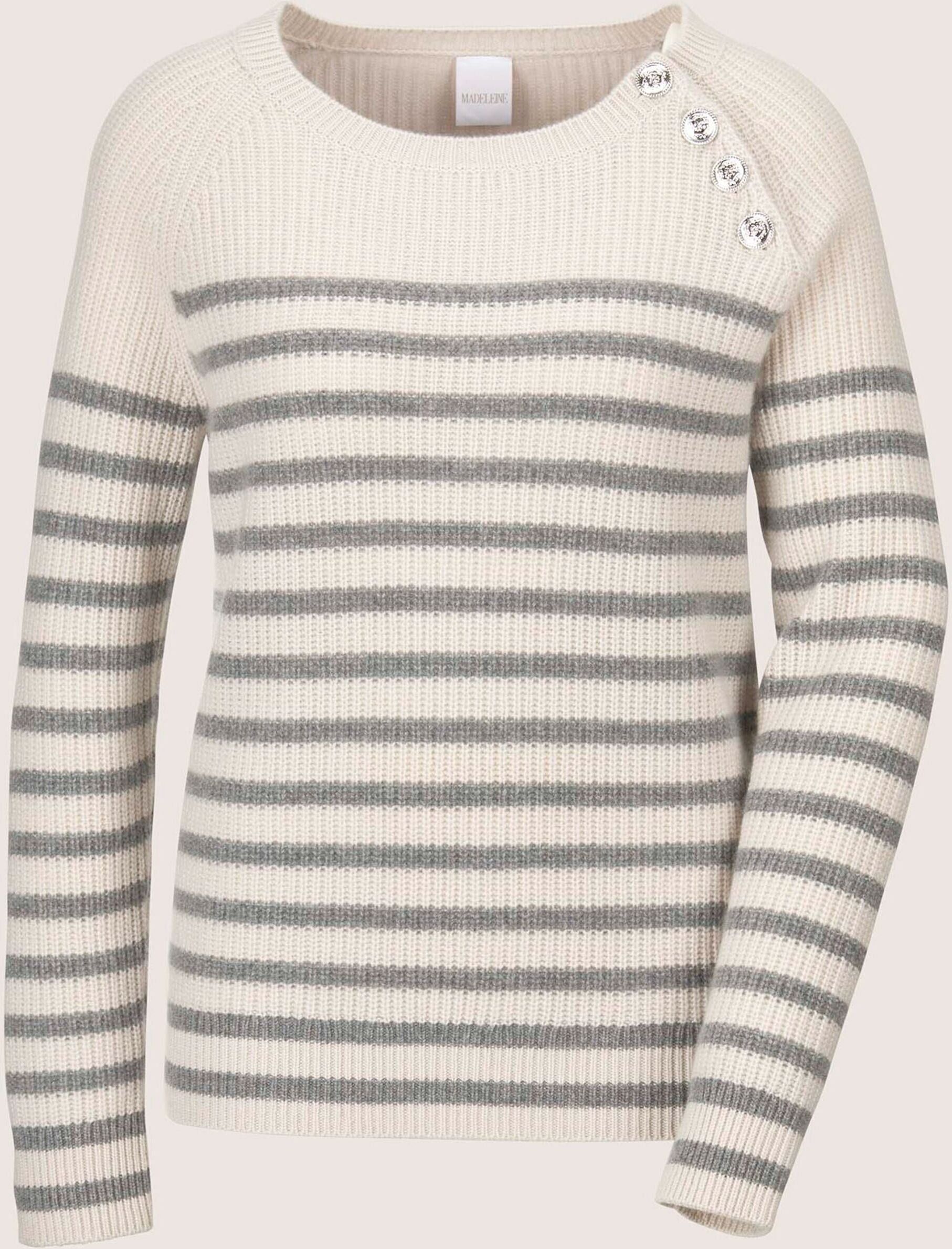 Longpullover MADELEINE "Strickpullover Eleganter Wollpullover mit Ringelmuster", Damen, Gr. 44/46, weiß (perlweiß, steingrau), Obermaterial: 90% Schurwolle WV. 10% Kaschmir WS., Modern, normal, U-Boot-Ausschnitt, Pullover Longpullover