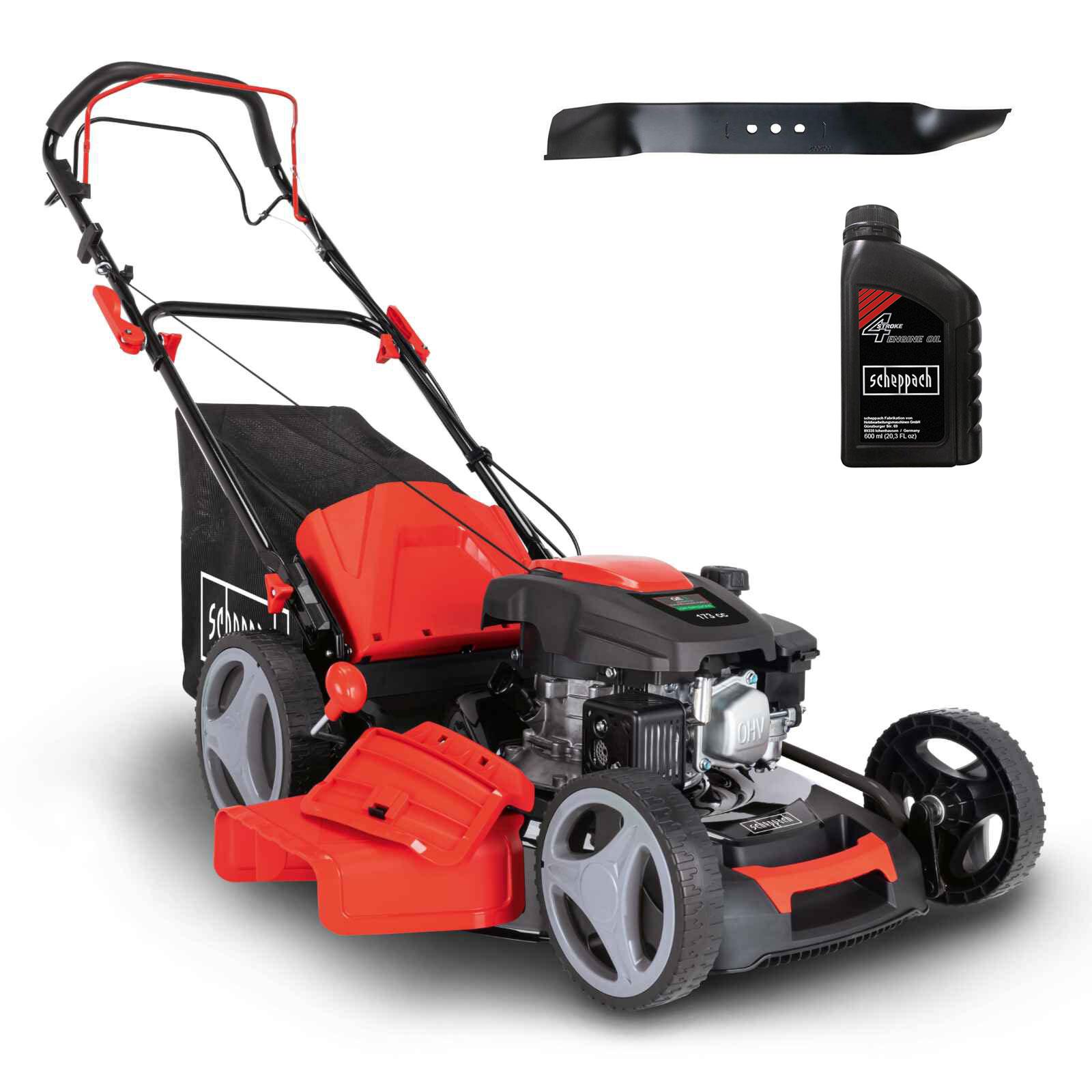 Scheppach Benzinrasenmäher MS173-51 - 51cm Schnittbreite | Radantrieb | Mulchen | 65L Korb | Schnitthöhenverstellung | inkl. Motoröl & Ersatzmesser