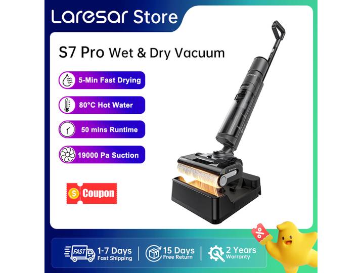 Laresar S7 Pro Aspirateur Sans Fil Solide et Liquide, Balai, Nettoyage Lay-Flat, Séchage Rapide 5 Min, Auto-Nettoyage 80°C, Aspiration 19000 Pa, Anti-Enchevêtrement, 50 Min Autonomie, Lave-Sol pour