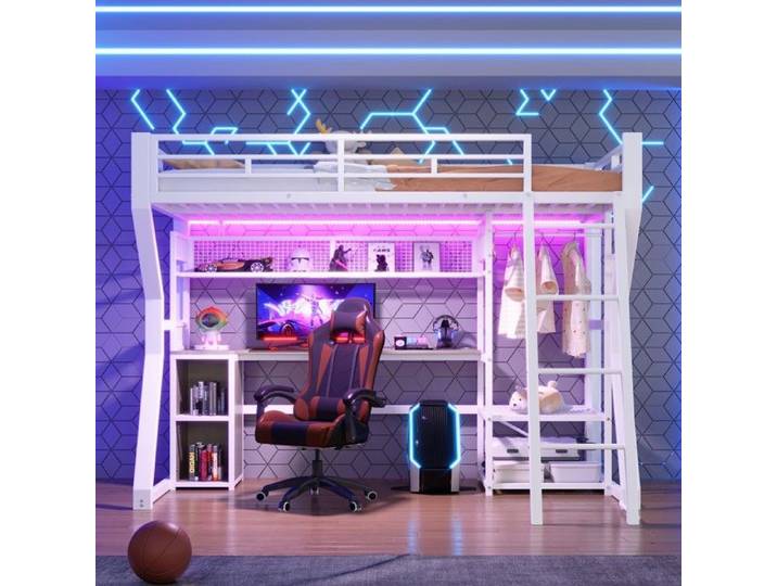 Lit mezzanine 90x200cm structure fer blanc éclairage prise bureau penderie rangement espace sous lit matelas exclu Sans Matelas