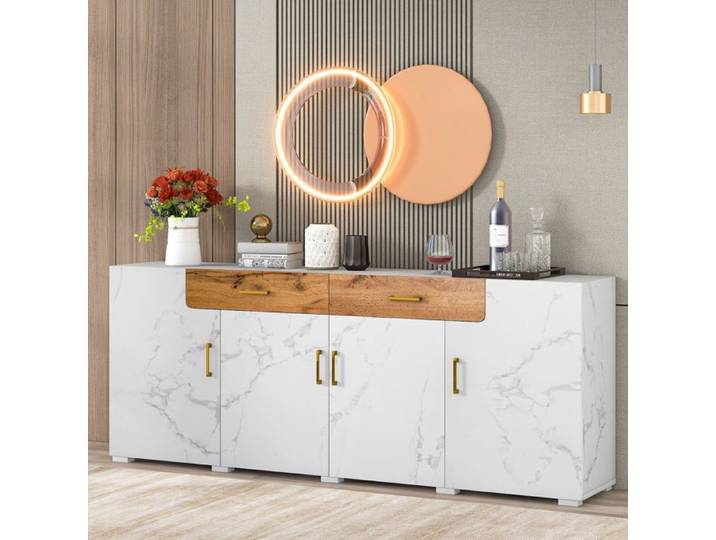 Buffet bas - 208x39.5x80 cm - 4 portes - 2 tiroirs - Blanc - Design élégant