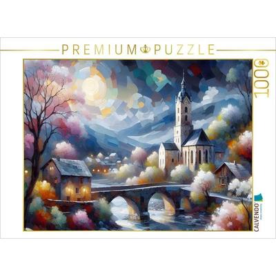 CALVENDO Puzzle Alte Dorfkirche am Abend, mit Fluss und Steinbrücke. | 1000 Teile Lege-Größe 64x48cm Foto-Puzzle für glückliche Stunden