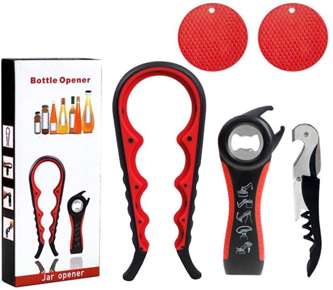 INF 5-in-1 Mehrfachöffner - Glas-, Dosen-, Flaschen- und Ringzieher-Öffner, PP+Silikon+Edelstahl, ergonomischer Schwarz+Rot