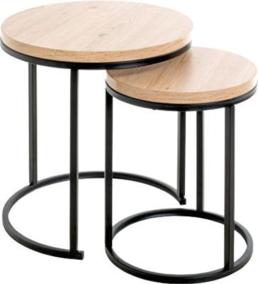 Beistelltisch HAKU, 2er Set, rund, Stahlrohr, pulverbeschichtet, Dekor Eiche hell, schwarz