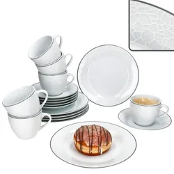 Venedig 18tlg Kaffeeservice Porzellan Weiß 6Pers Tasse Untertasse Teller Relief