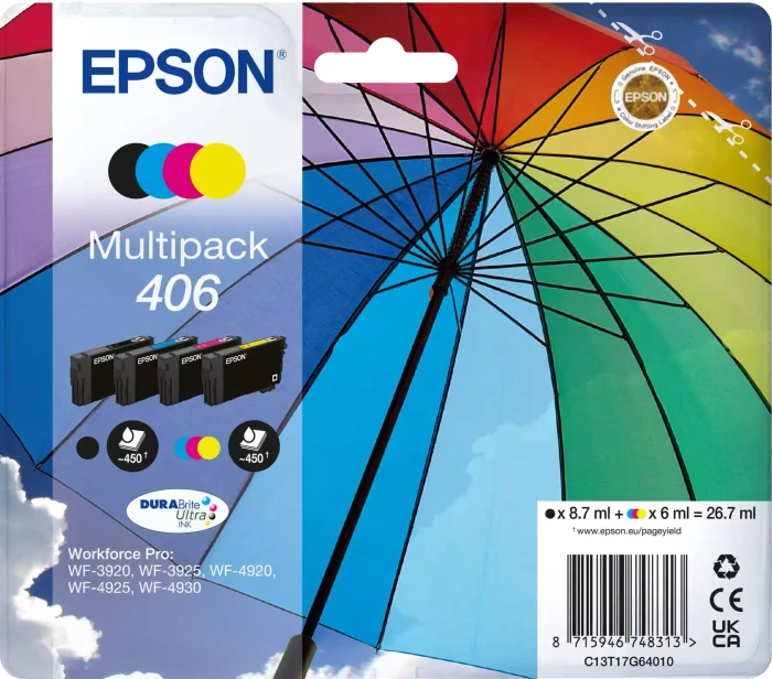 EPSON 406 Multipack Umbrella DURABrite schwarz, cyan, magenta, gelb Druckerpatrone, 4er-Set