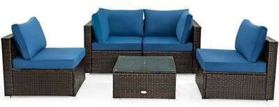 Costway 5 Pieces Cushioned Patio Rattan Furniture Set with Glass Table-Navy