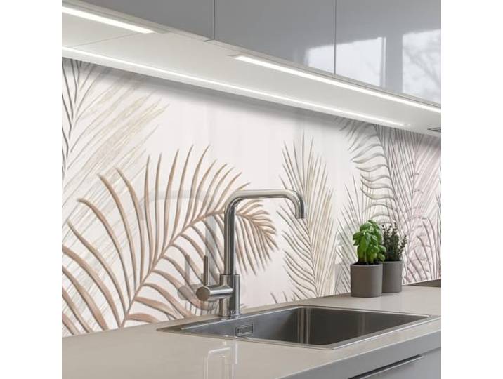 KitchenYeah© Rückwand Küche Rückwandschutz Selbstklebend Spritzschutz 60x400 cm - Küchenrückwand Küchenfront Küchen Selbstklebende Küchenrückwände Blätter - Beige - Botanisch - Vintage