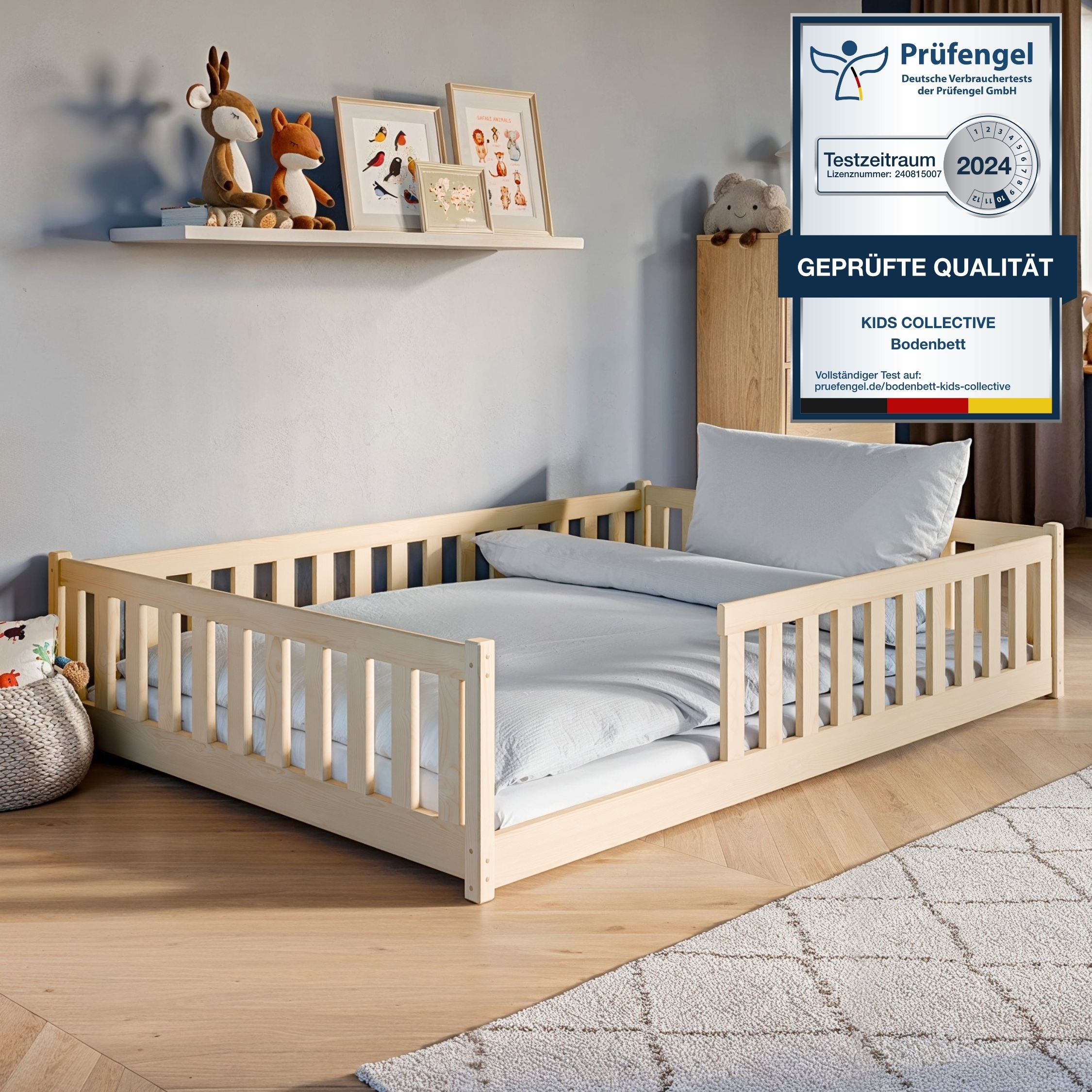 Bodenbett Bett mit Rausfallschutz & Lattenrost Montessori Bett Kinder Gitterbett Jugendbett natur mit Matratze Junge Mädchen 140x200cm