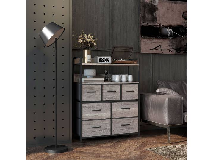 HOMCOM Commode 7 Tiroirs Tissu Pliable avec Étagères Gris