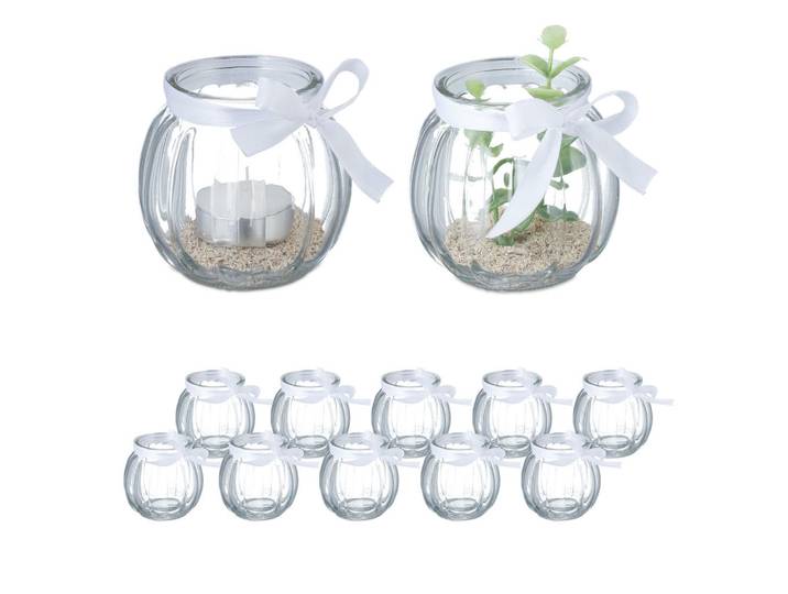Relaxdays Windlicht Transparent Weiß 12er-Set Glas, Glas, Textil, 7.5 cm, Dekoration, Kerzen & Kerzenhalter, Teelichthalter