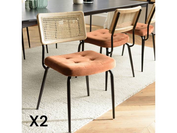 Chaise assise velours orange capitonné dossier cannage (lot de 2) TIM