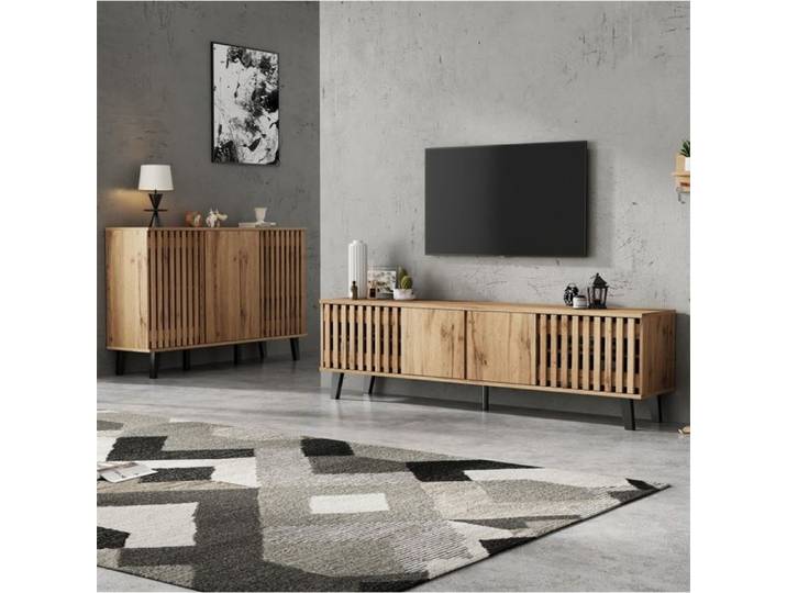 Meuble TV 180x40x55cm + Buffet 150x40x95cm Bois Naturel 8 Compartiments 6 Étagères Portes Intégrées Base Stable Salon Chambre
