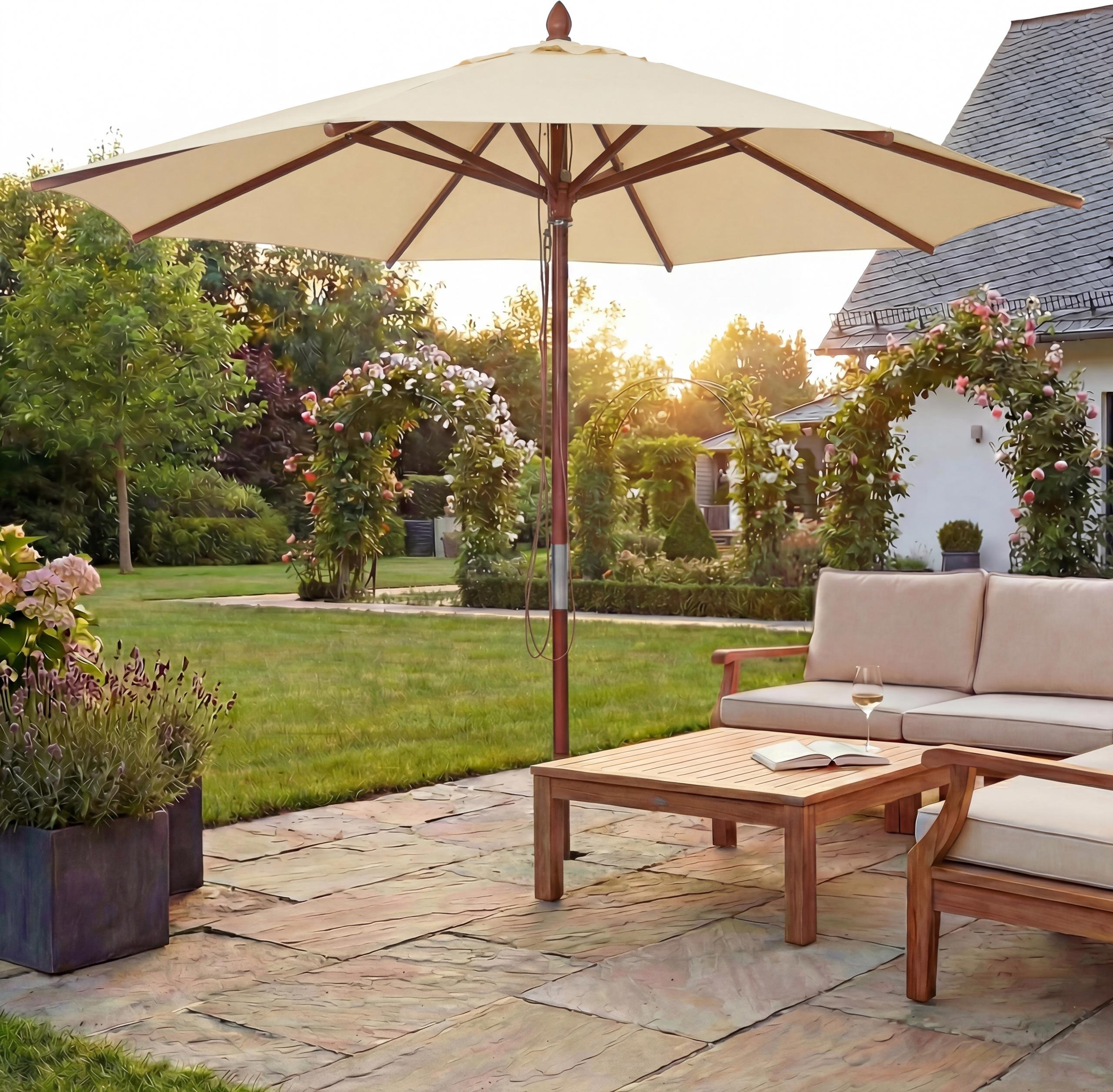 Gastronomie Holz-Sonnenschirm HWC-C57b, Gartenschirm, Polyester/Holz 14kg, rund Ø3m Seilzug stoßsicher creme