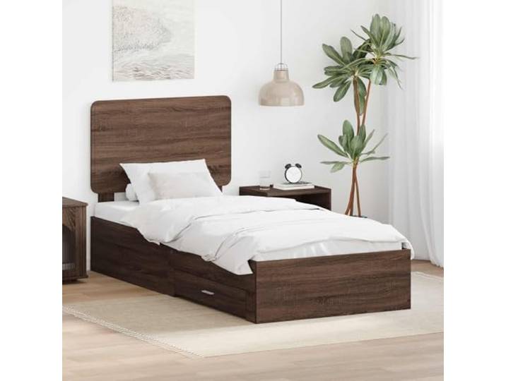 RJPLMFV Bettgestell, Eiche, Braun, 75 x 190 cm, Holz Mit Aufbewahrungsschubladen, integriertem Kopfteil, Lattenrosten, einfache Montage