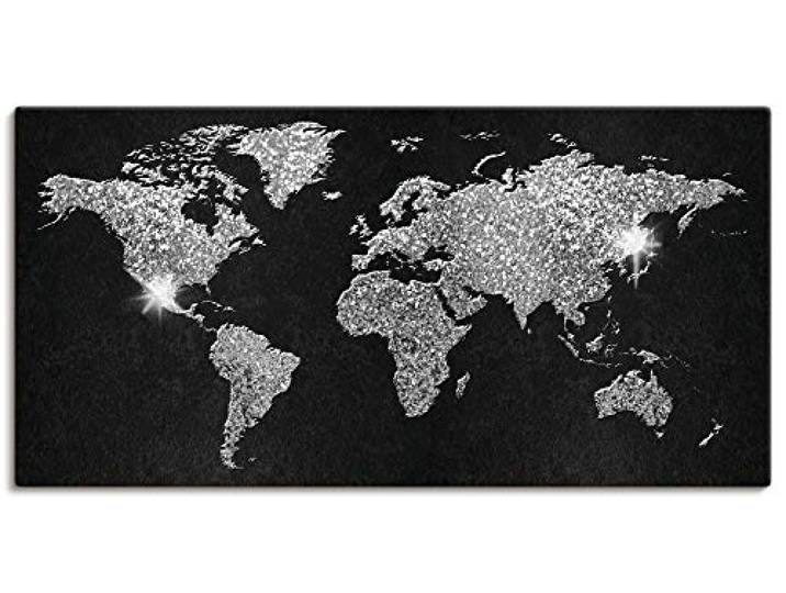 ARTLAND Leinwandbilder Wandbild Bild auf Leinwand Querformat Weltkarte Erde Welt Landkarte Kunst Schwarz Silber Glitzer U1SX