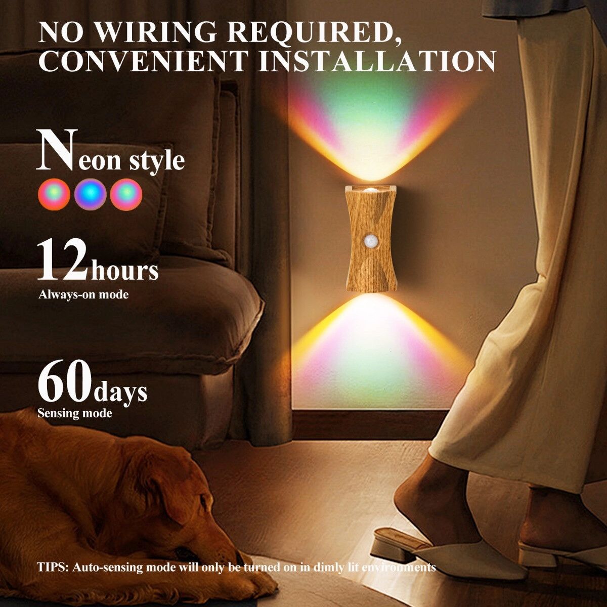 INF Applique murale sablier à capteur de mouvement compatible, rechargeable, 3 températures de couleur réglables Blanc