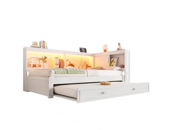 Redom Tagesbett 90/200 cm mit Ausziehbett, LED-Beleuchtung, Usb, Typ-C und Steckdose, Kiefern, Weiß, 90x200 cm, Schlafzimmer, Betten