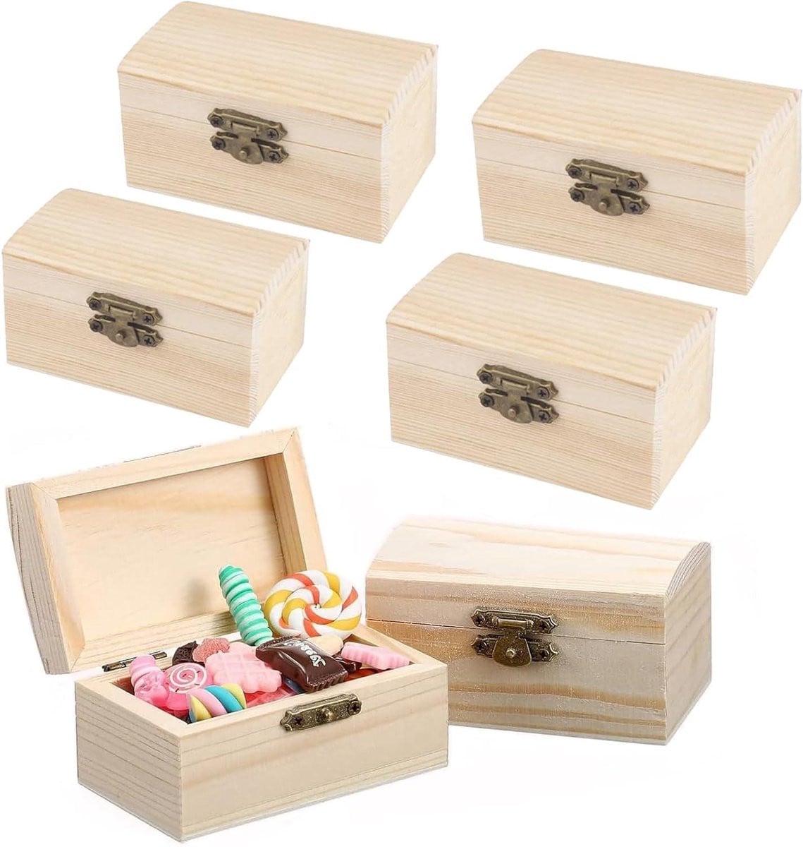 Set van 6 houten schatkisten met metalen sluiting voor decoratieve opslag