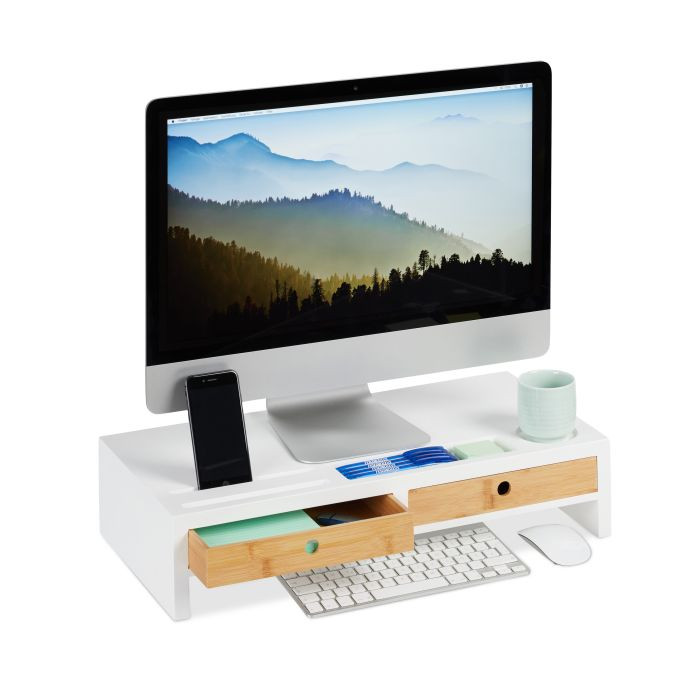 Relaxdays Monitorstandaard met opbergvakken, wit/bruin, Scandinavisch design