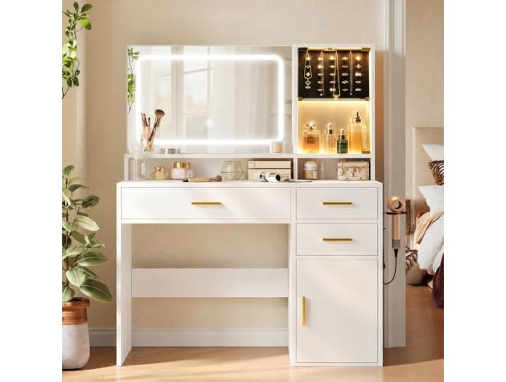 IRONCK Schminktisch mit Spiegel, LED-Beleuchtung, Schmuckfach, Ladestation mit 3 Schubladen, Schrank, Föhnhalter, 3 Lichtfarben und einstellbare Helligkeit, 2 Steckdosen + USB + USB-C, 108x42x135 cm