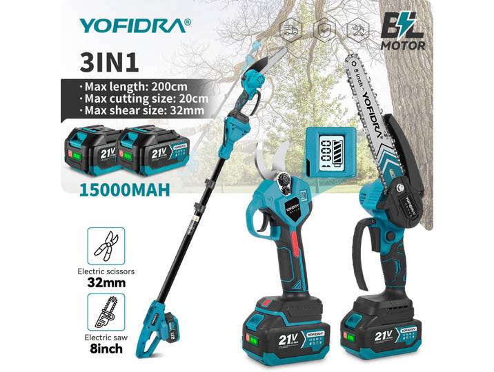 Scie à chaîne électrique sans fil YOFIDRA 3 en 1 de 8 pouces + ciseaux télescopiques pour l'élagage des arbres en hauteur, compatible avec les batteries Makita.