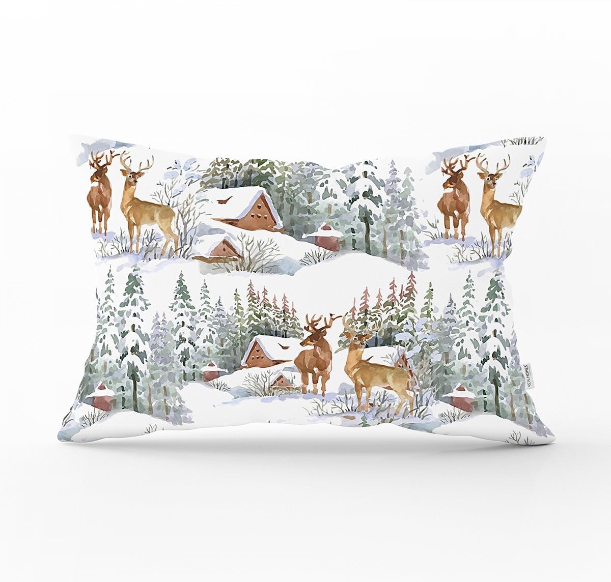 De Groen Home Sierkussen Kerst met Rendieren en Berghuisje - Velvet - 30 x 50 cm