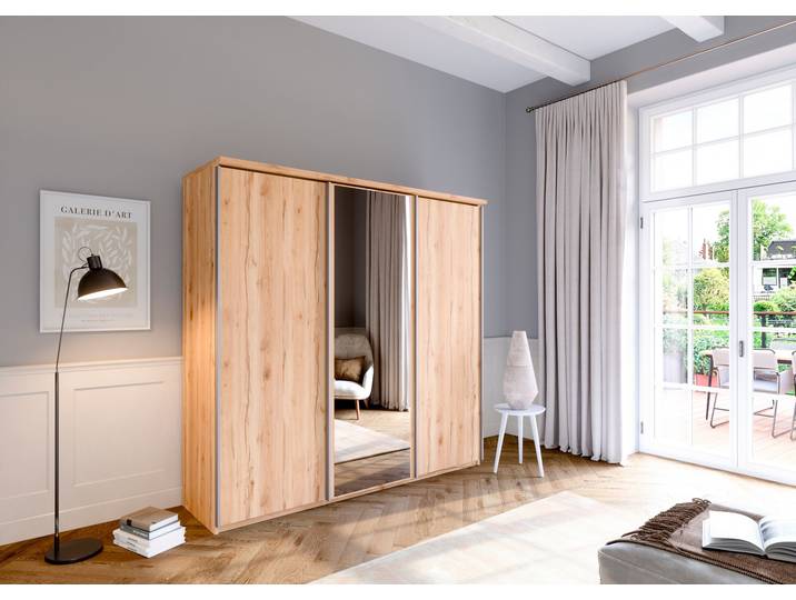 Schwebetürenschrank, Braun, 215x211x64,5 cm, Spanplatte, Mit Spiegel, Modern, Priess
