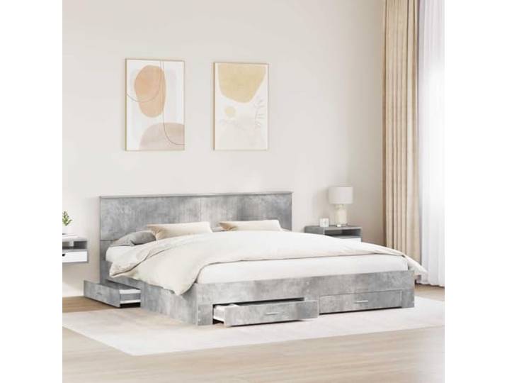 KTHLBRH Boxspringbett Zementgrau 200 x 200 cm Technisches Holz, integrierte Schubladen, feste Latten, modernes Design, einfache Reinigung