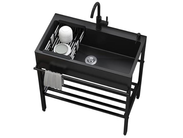 Spülbecken Edelstahl Schwarz Küchenspüle Waschbecken Küche Kitchen Sink Ausgussbecken Freistehendes Spültisch Mobiles Waschtisch mit Armaturen + Abfluss Spülenschrank für Keller Camping Outdoor (Size