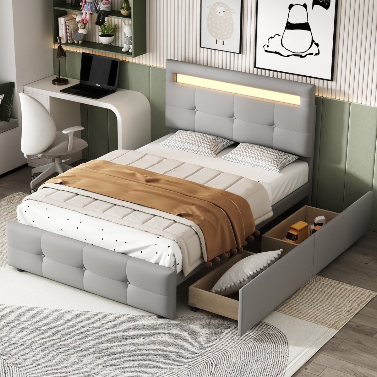 MODENUIT Gestoffeerd bed met LED-verlichting en 2 laden, Grijs, 90 x 200 cm