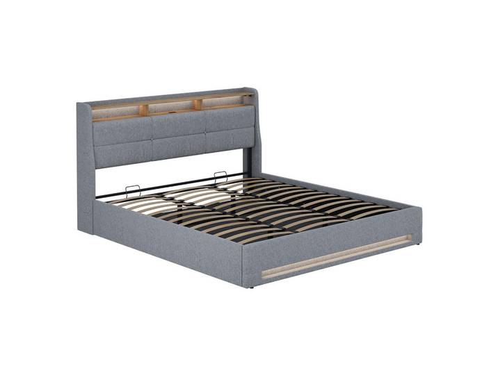 VitaliSpa Polsterbett Christin Grau/Eiche 180x200 mit LED und USB-Anschluss, Grau, Eichefarben, Rechteckig, Schlafzimmer, Betten