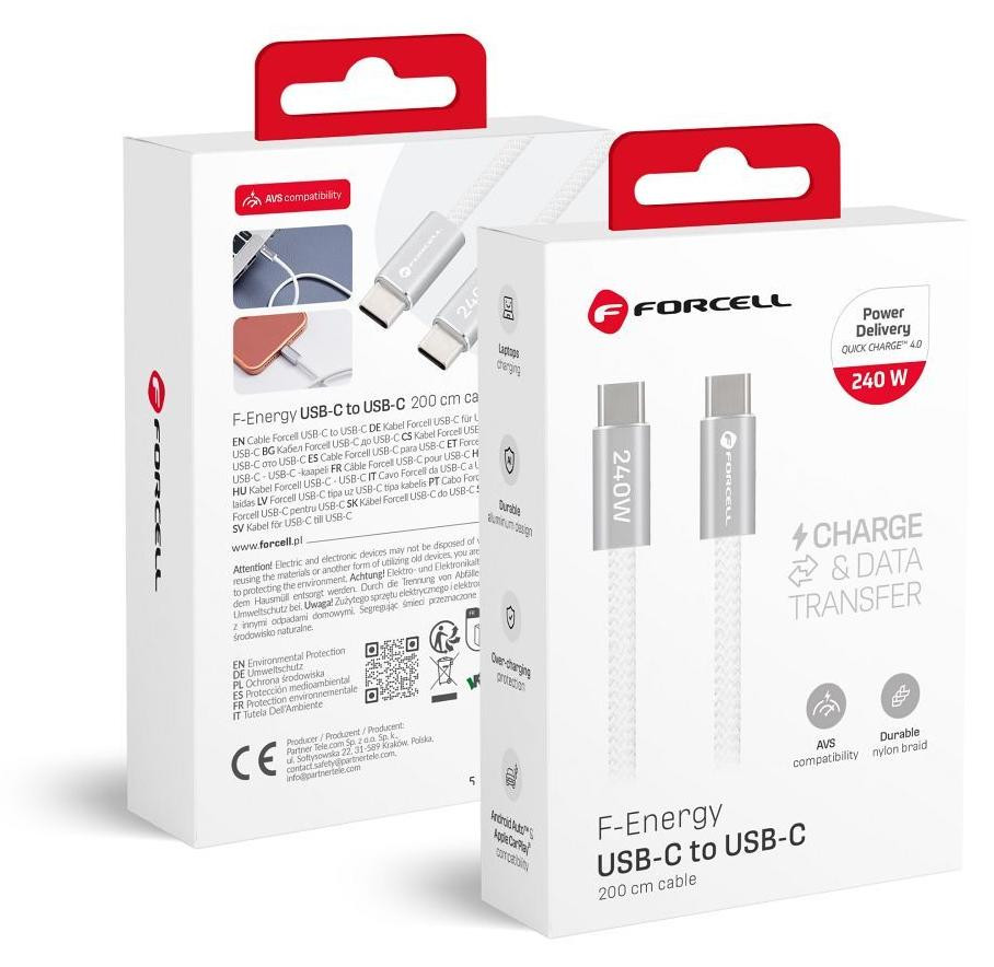 Forcell F-Energy USB-C naar USB-C kabel, QC4.0, PD 5A, 240W, wit, 2 meter