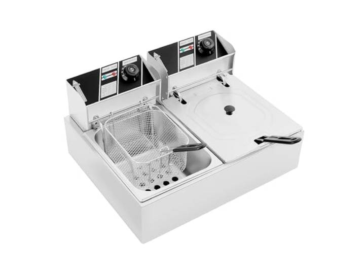 DunleyMin Elektrische Doppeltank-Fritteuse 12L 5000W Kommerzielle Fritteuse 2x6L Edelstahl Fritteuse mit 2 Körben, 60-200°C, Gastronomie Doppel Kaltzonen Fritteuse für Restaurants, Supermärkte
