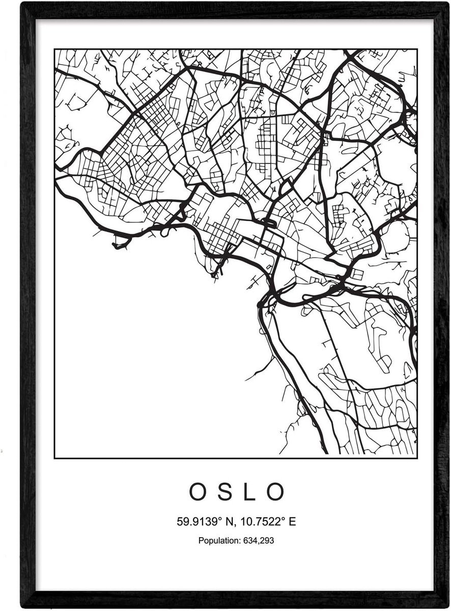 Zwart-wit Stadsposter Oslo Scandinavische Stijl A4 - Ingelijste Wanddecoratie