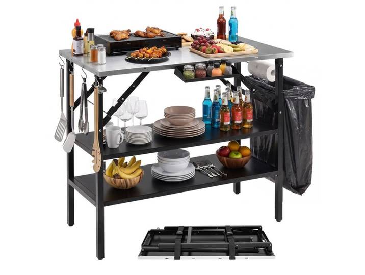 Table Pliante de Jardin Cuisson COSTWAY Plateaux Inox 91x51cm 2 Étagère Poubelle Porte-Épices Crochets Décapsuleur Charge 115kg