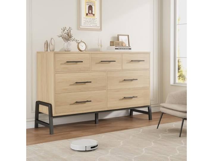 LuxFocus 7 Schubladen Kommode Holz Eiche Natur Metallbeine Breite Aufbewahrungskommode mit tiefen Schubladen für Schlafzimmer, Wohnzimmer und kleine Wohnungen