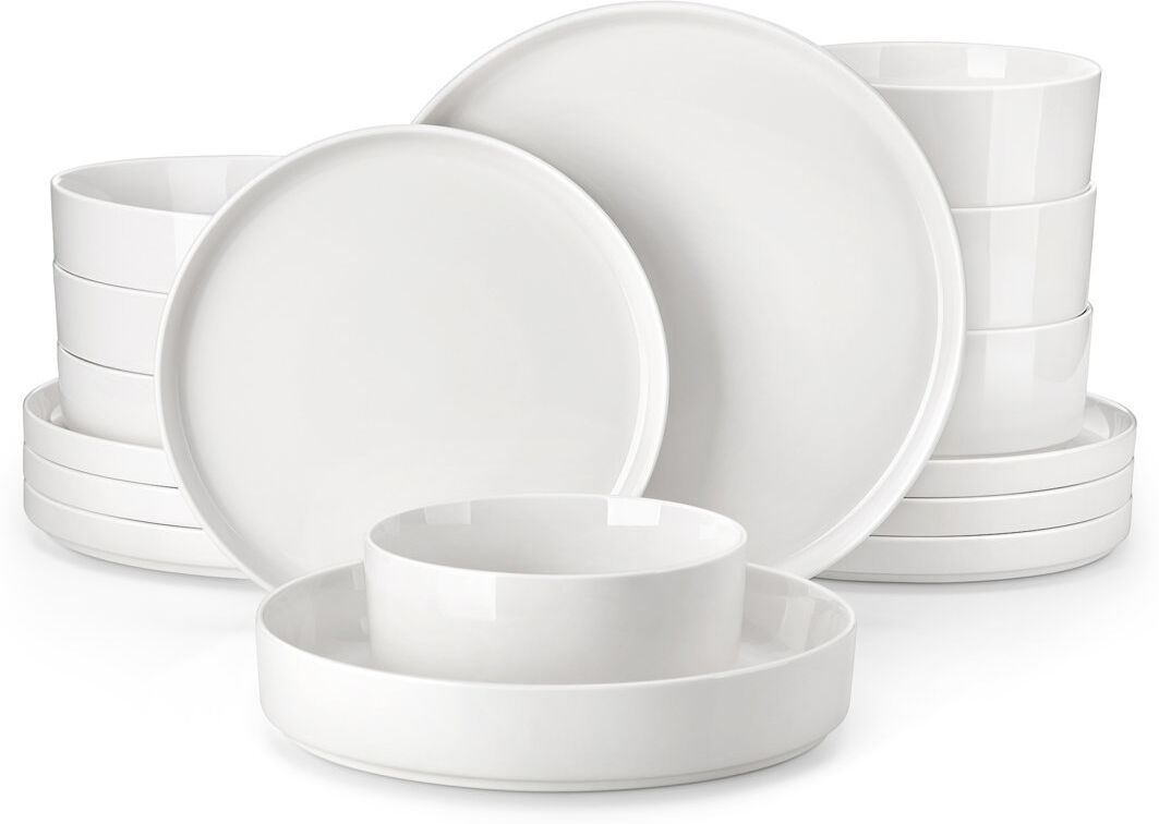 MALACASA 16 Piece Set Of White Curved Vertical Edge Design Ceramic Tableware Including 4 Plates/Dessert Plates/Soup Plates/Bowls Serving 4 People White 16