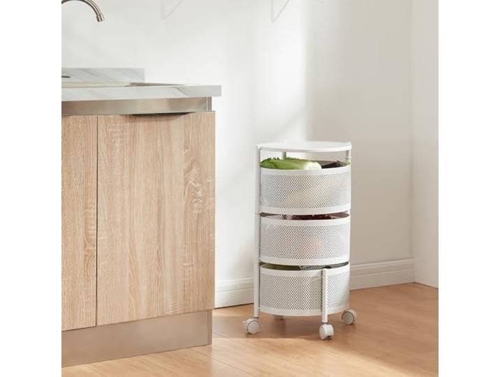 [en.casa] Rollwagen Steigen mit 3 Ebenen mehrlagiges Küchenregal mit Rädern Servierwagen aus Stahl ausklappbare Körbe Regal für Küche, Bad 59,5 x Ø33 cm Weiß