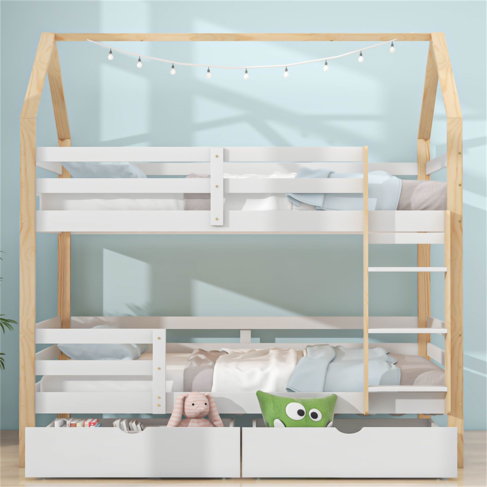Jugendbett Ins und aus dem Bett kommen, Doppelbett, Kinderbett in Hausform, große Schubladen, Kiefernholz Haus Bett for Kids ohne Matratze