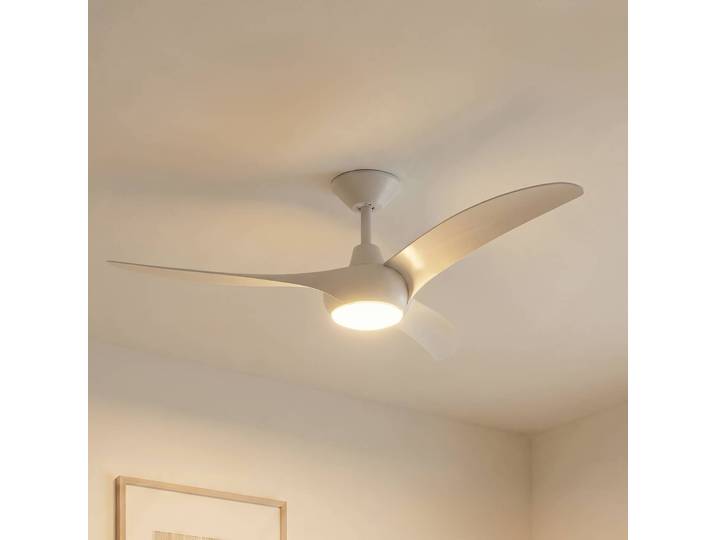 Lindby LED-Deckenventilator Briya, weiß, Ø 116 cm, CCT Briya Lindby, dimmbar, weiß / opal, für Wohn- / Esszimmer, Kunststoff, Modern