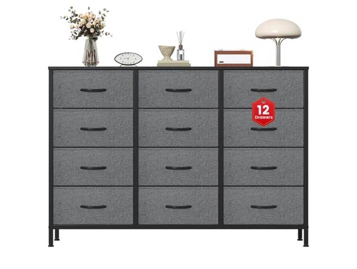 Noblik Kommode mit 12 Schubladen, Stoffkommode mit Metallrahmen und MDF-Holzplatte, verstellbare Füße, Kippsicherung, Aufbewahrung Kommode für Schlafzimmer, Wohnzimmer, Kleiderschrank, Dunkelgrau